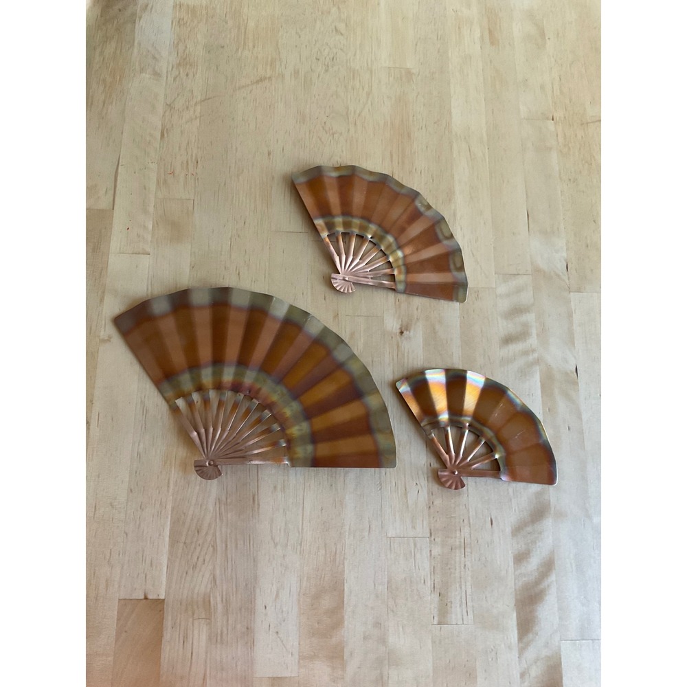 Vintage Copper Metal Fan Wall Art Set of 3 Iridescent Heat Treated Toned Decor